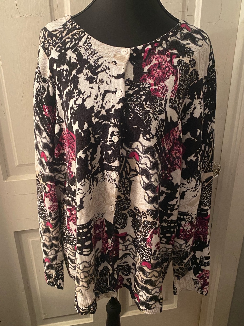 CJ Banks Black, White & Pink Abstract Button-Front Cardigan